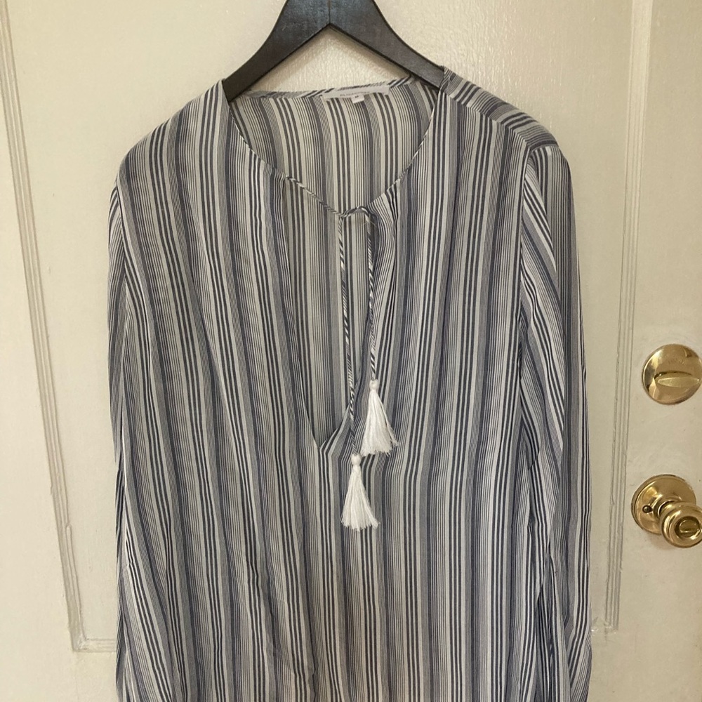 Olivaceous long sleeve boho top in blue and white stripe